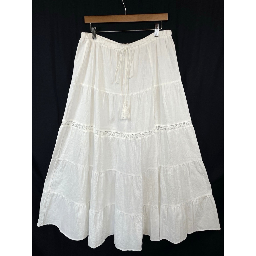 Women Boho Tiered Maxi Skirt Size XL White Elastic Waist Cottage Festival Summer